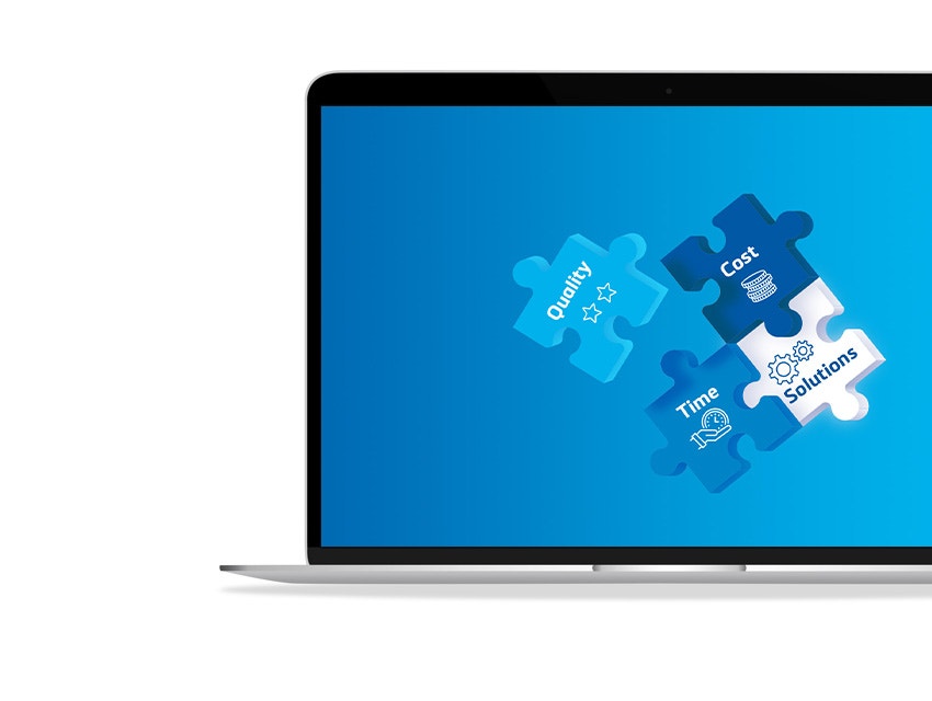 Blue puzzle pieces with the words quality, cost, time, and solutions on them.