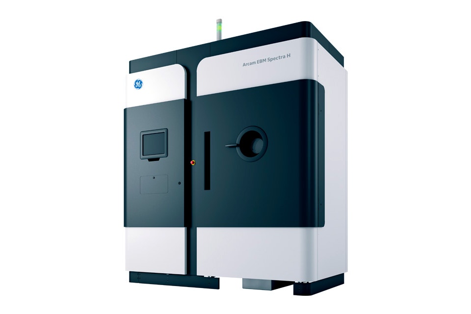 External view of the Arcam GE EBM Spectra H 3D printer on white background