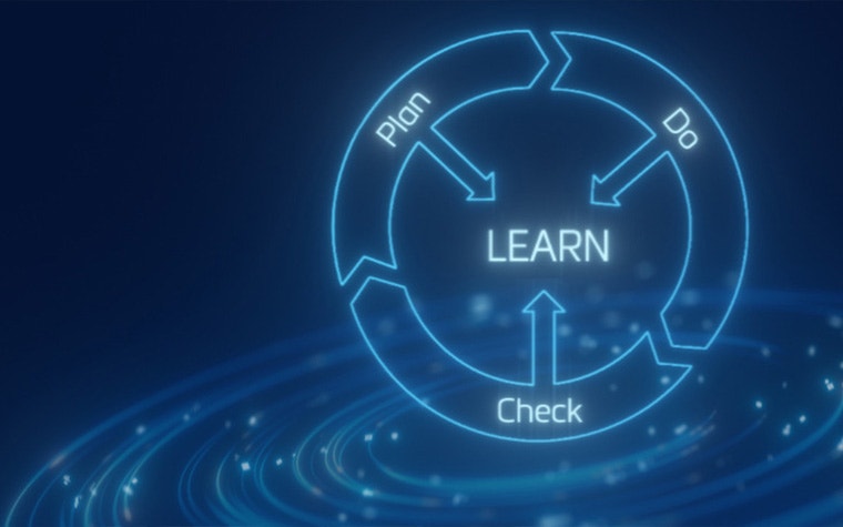 Gráfico azul neón que muestra el flujo de trabajo planificar, hacer, comprobar, aprender