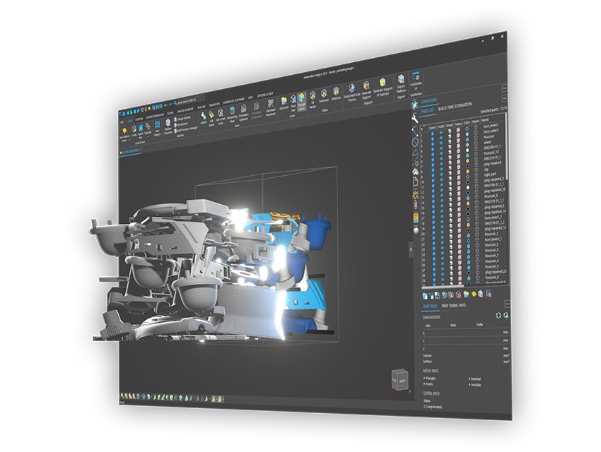 Screenshot of Materialise Magics with a nested build popping out of the screen