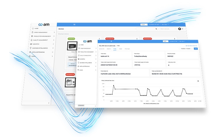 A 3D image of two CO-AM Software Platform menus. The first menu in the foreground shows a line graph and part information. The second menu in the background shows a selection of 3D printers