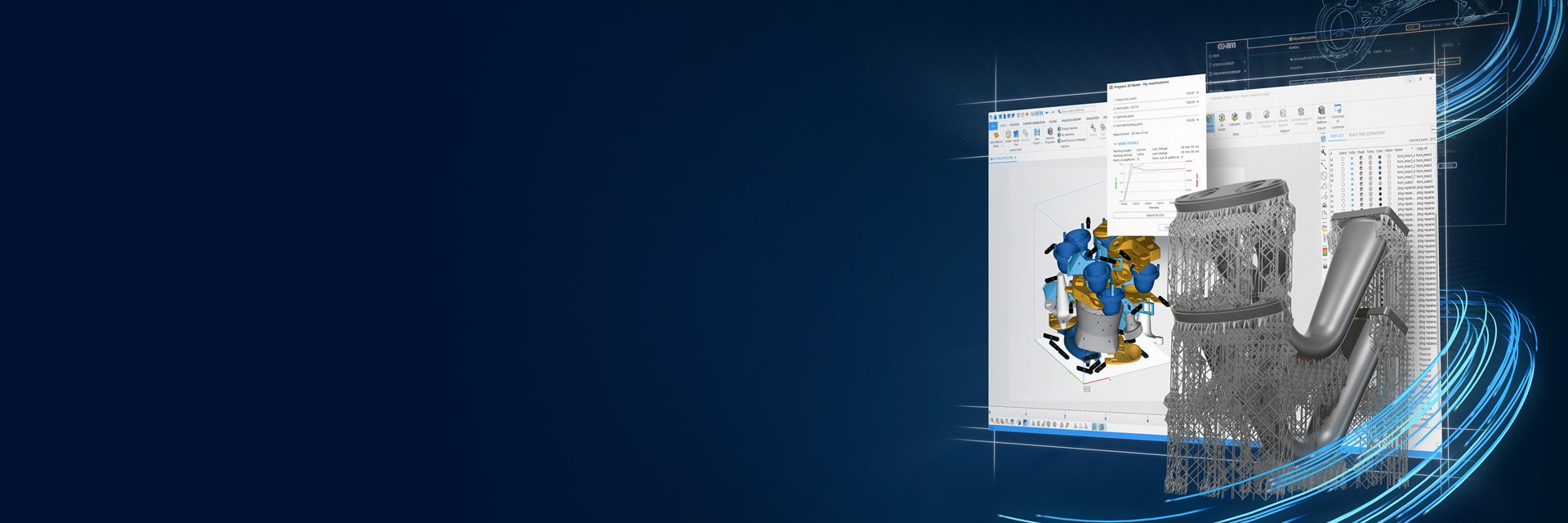 Bildschirm mit Materialise Magics und einem digitalen Bild eines 3D-gedruckten Teils mit Stützstrukturen auf einem blauen Hintergrund mit Farbverlauf