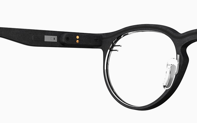 Close-up view of lens and auto-focal technology in Morrow eyewear