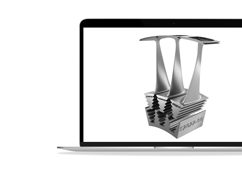 Digitales Modell der 3D-gedruckten Metallbauteile mit Beschriftungen für die Basis sowie jedes einzelne Bauteil