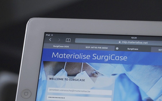 Materialise SurgiCase login page on a tablet