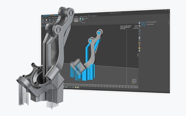 An image of a 3D part with support structures is being rendered in a Materialise support generation module. In the foreground is the metal 3D-printed part.
