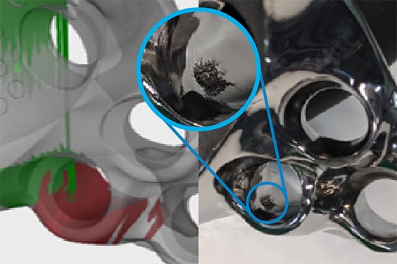 A 3D and real-life image of a 3D-printed part with a defect