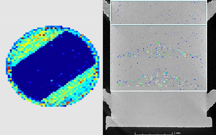 Visualization of the TED plot through PrintRite3D® of layer 105 and a CT image of a vertical cross section through the centerline of the test sample.