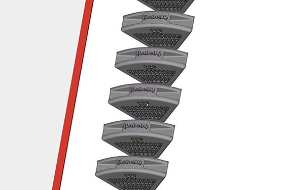 Multiple parts with the same geometry lined up in build preparation software, labeled from 123 to 132