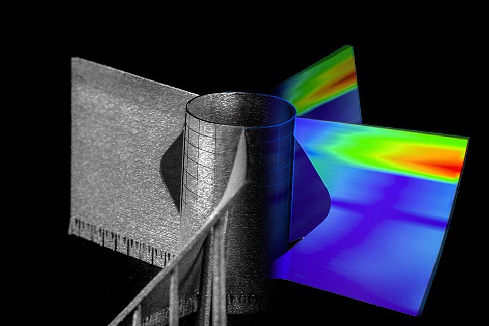 3D-printed propeller with half of the blades showing a heat map from simulation tools