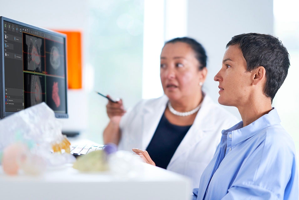 Two healthcare professionals looking at a screen with medical software