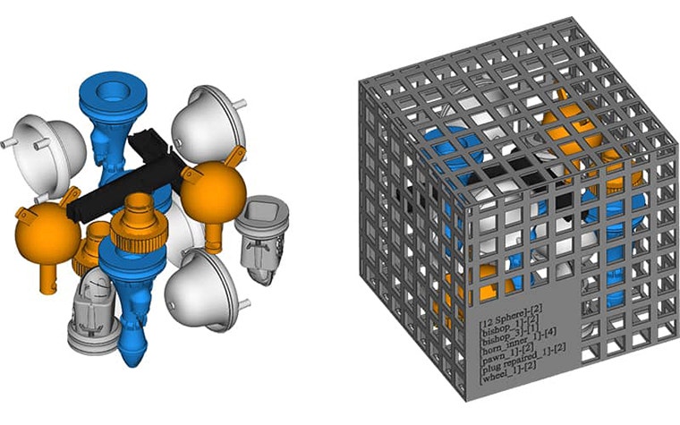 3D designs before and after being placed in a sinterbox