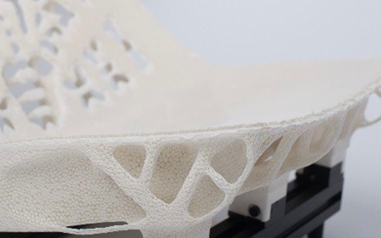 Close-up view of the lightweight structures in a car seat prototype, made with 3D printing