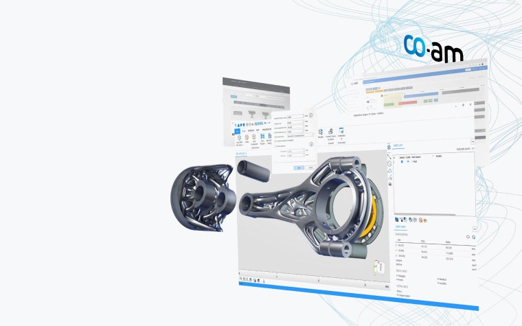 Digital visual of a metal 3D-printed part popping out of a Magics software screen