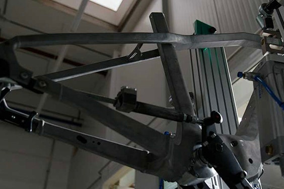 Close-up view of the underside of the metal 3D-printed bicycle frame