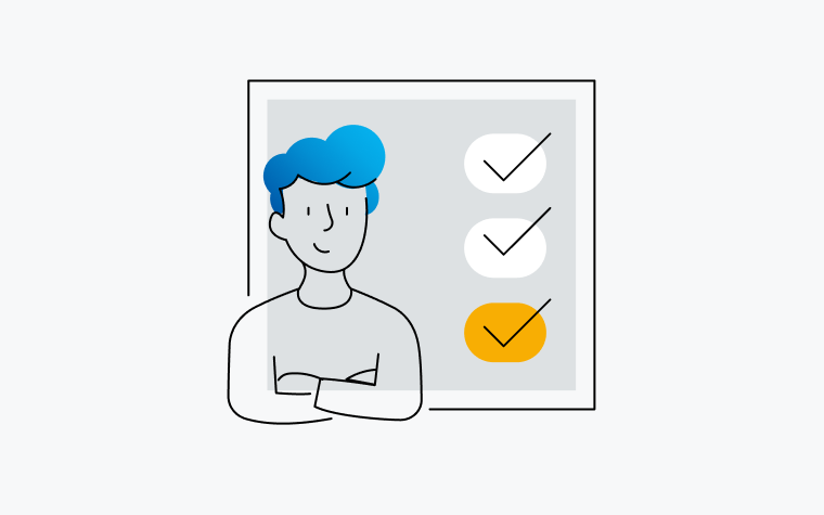 Illustrated icon of a man, folding his arms and smiling in front of a checklist