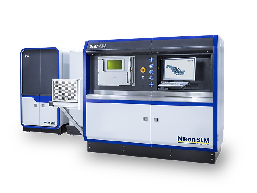 A Nikon SLM Solutions SLM®500 3D printer on a white background