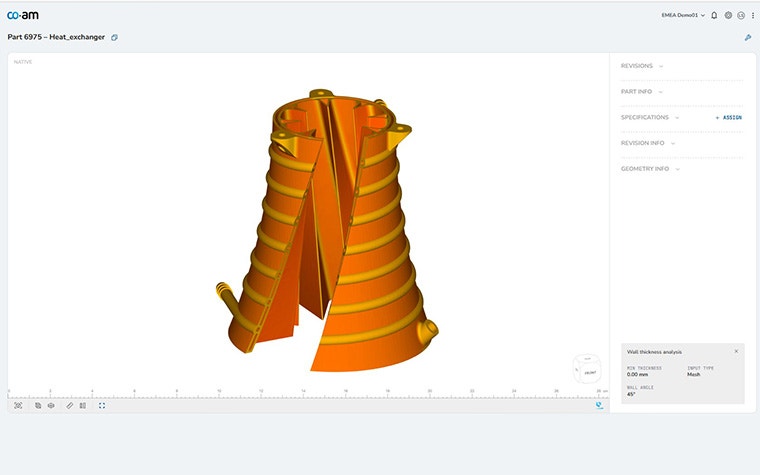 An orange and yellow cone-shaped heat exchanger illustrated in the CO-AM software platform.