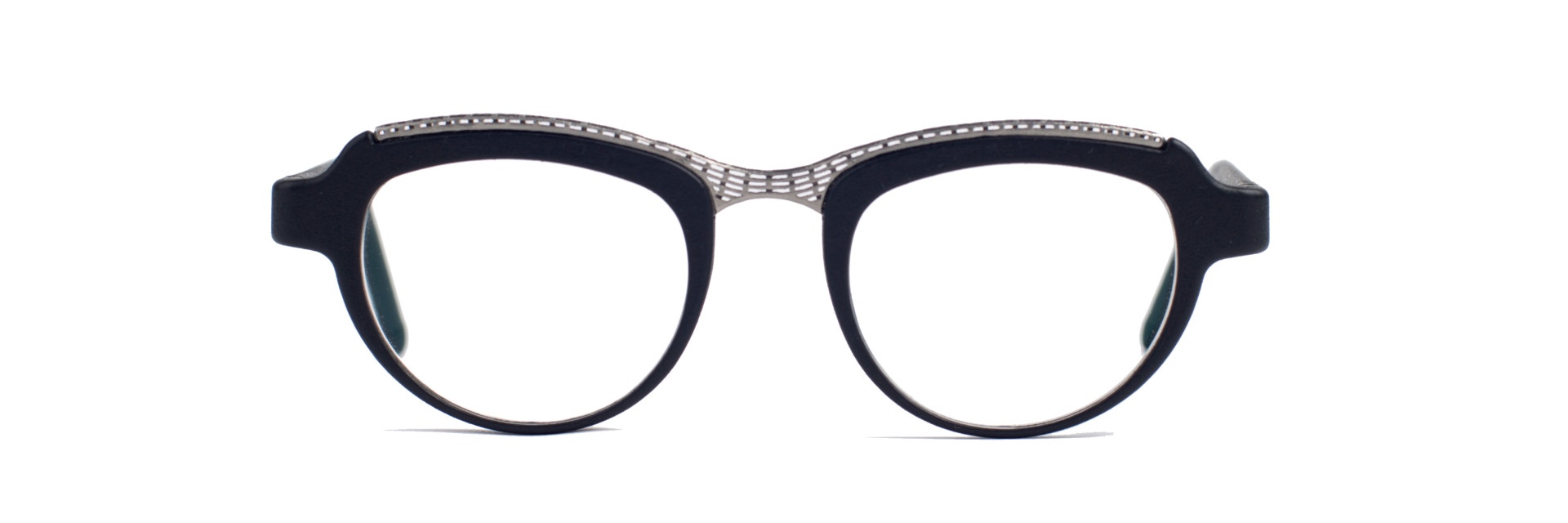 Black 3D-pritnted eyeglasses with a mesh design component