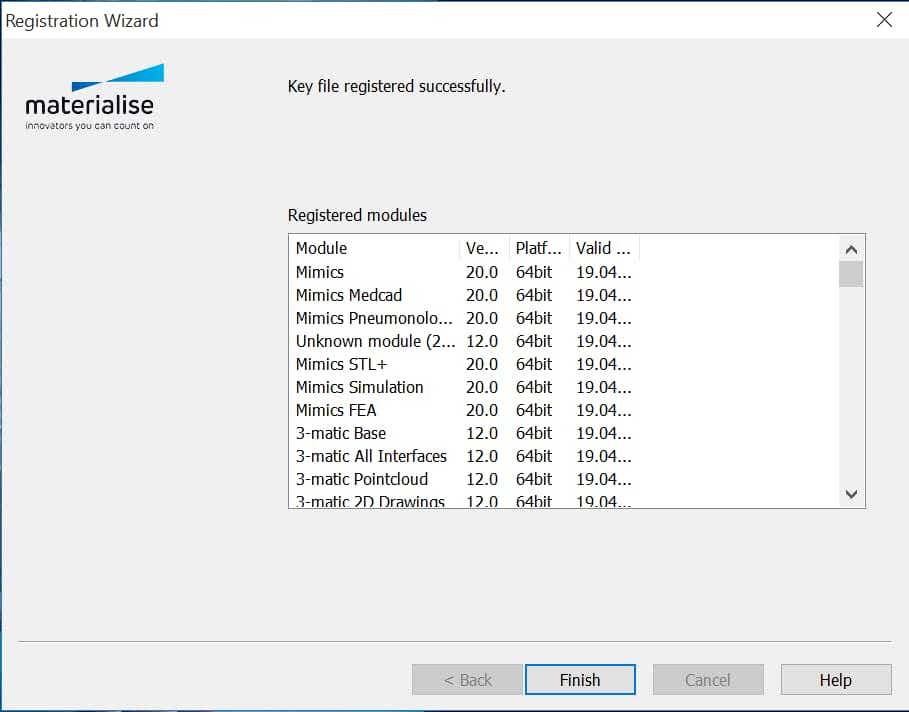 Capture d'écran de l'assistant d'enregistrement avec une liste des modules enregistrés