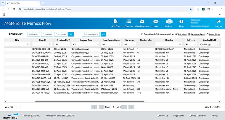An internet browser with Materialise Mimics showing a case list