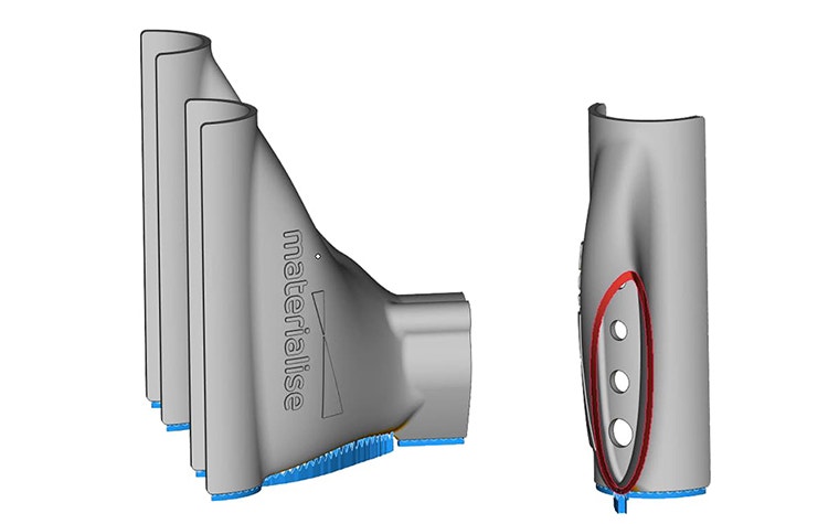 Software previews show the support structures and support-free channels of the part 