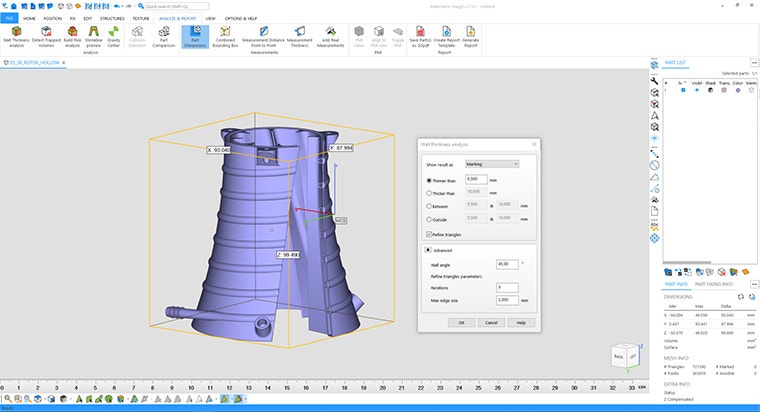 Screenshot of a cylindrical part in Materialise Magics, showing a Wall Thickness Analysis dialog box