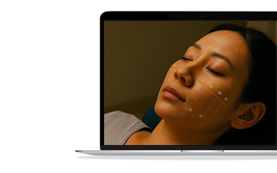 Laptop displaying an image of a woman with lines and numbers superimposed on her face.