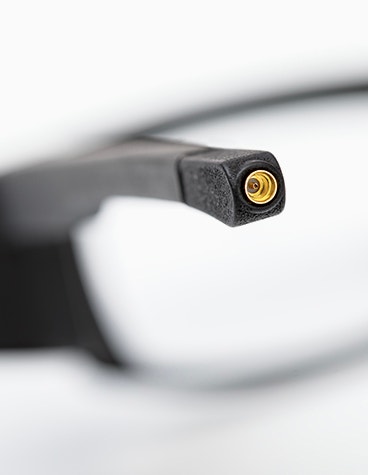 Close-up view of the cable connection for the Iristick smart safety glasses