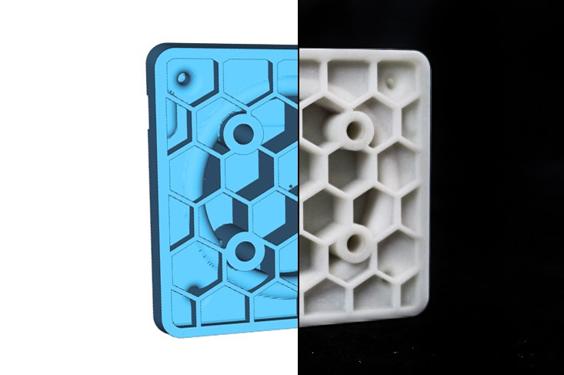 Split image showing a honeycomb prototype design on the left and a 3D-printed version on the right
