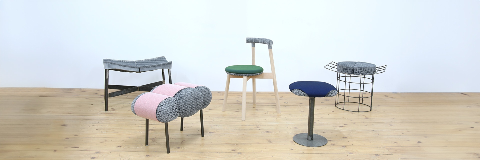 A variety of different pieces of furniture with 3D-printed lattice designs