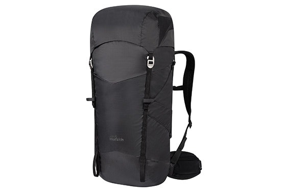 The front of a black Jack Wolfskin backpack