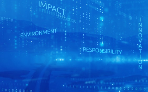Blue graphic with the phrases "impact" "environment" "responsibility" and "innovation"
