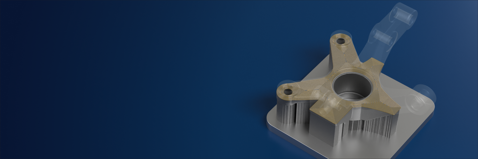 Ein Bild eines 3D-Designs eines Modells auf dunkelblauem Hintergrund. Das 3D-Modell umfasst verschiedene Ebenen wie feste, transparente und schachbrettartige Schichten.
