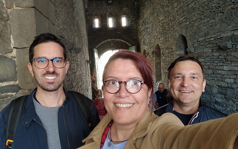 Selfie of Rebecca Frances Cansinos, Jordi Perez Talamino, and Andrii Sokolov in Leuven, Belgium