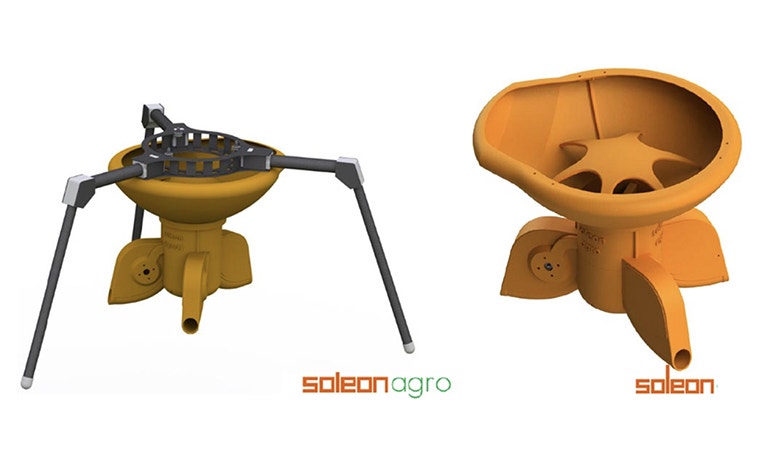 Rendering del sistema di distribuzione SoleonAgro e rendering del sistema di distribuzione SoleonAgro che mostra le armi dei droni
