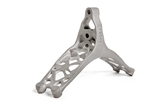 3D-printed lift bracket in titanium with holes for lightweightness