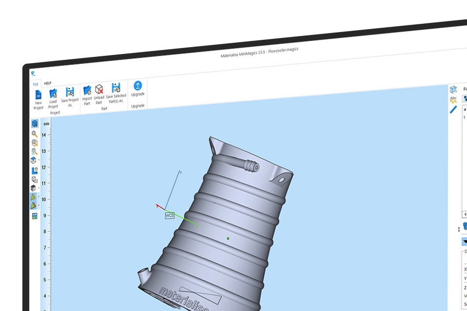 Angolo alto sinistro di uno schermo di un computer che mostra un progetto 3D di un componente in MiniMagics