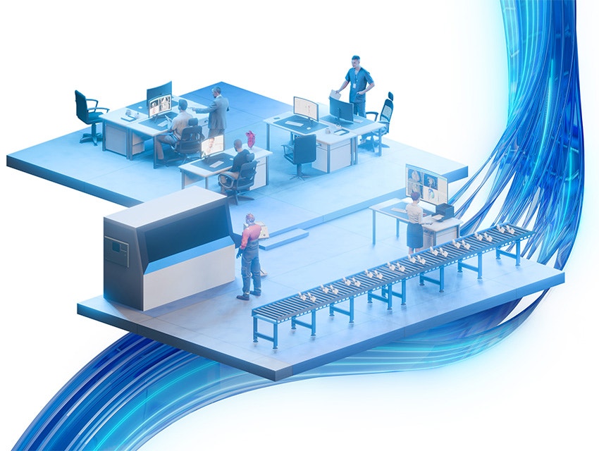 An illustrated scene displaying a medical device company environment, including groups of people at their computers and a 3D printing lab