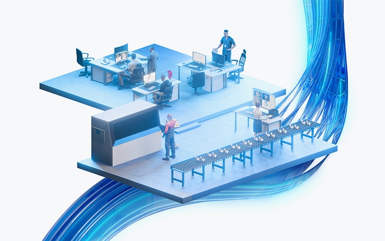 Eine illustrierte Szene, die die Umgebung eines Unternehmens für medizinische Geräte zeigt, mit Gruppen von Menschen an ihren Computern und einem 3D-Drucklabor