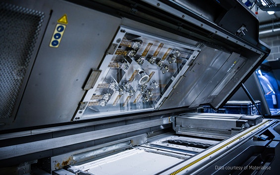 A HP Multi Jet Fusion printer at Materialise's headquarters, with the lid open