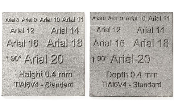 Examples of embossed and engraved text in standard grade titanium