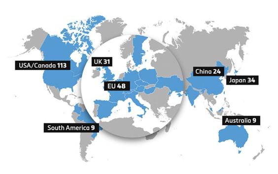 Map showing how many hospitals Materialise supports in 3D printing