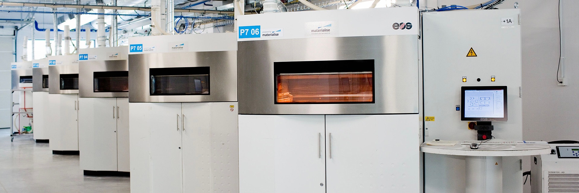A room of 3D printers at Materialise’s headquarters in Leuven, Belgium 