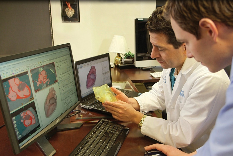 Doctor showing a 3D-printed heart model to another doctor
