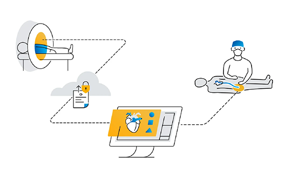 Icons showing the workflow for Materialise Mimics Planner: from patient scanning to uploading files to digital planning to surgery