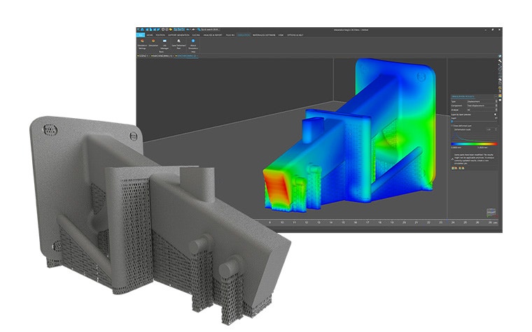 Una pieza impresa en 3D con soportes en primer plano y un modelo 3D de la pieza en el módulo Ansys Simulation en segundo plano.