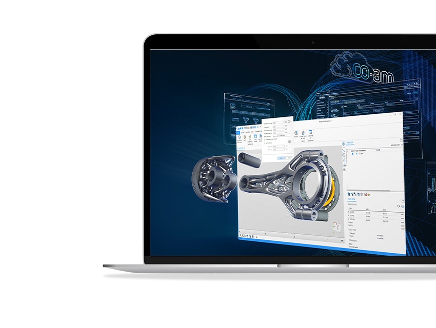 Digital image of a metal part popping out of a screen displaying Magics software