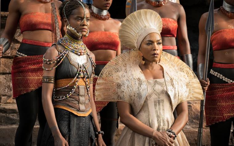 Black Panther actress in a movie scene wearing a 3D-printed shoulder piece