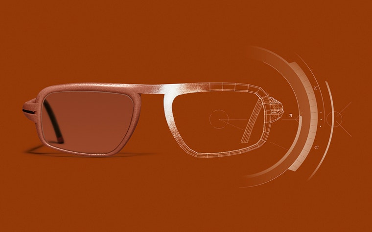 Half an image of orange Hoet x Yuniku eyewear and half showing the digital design